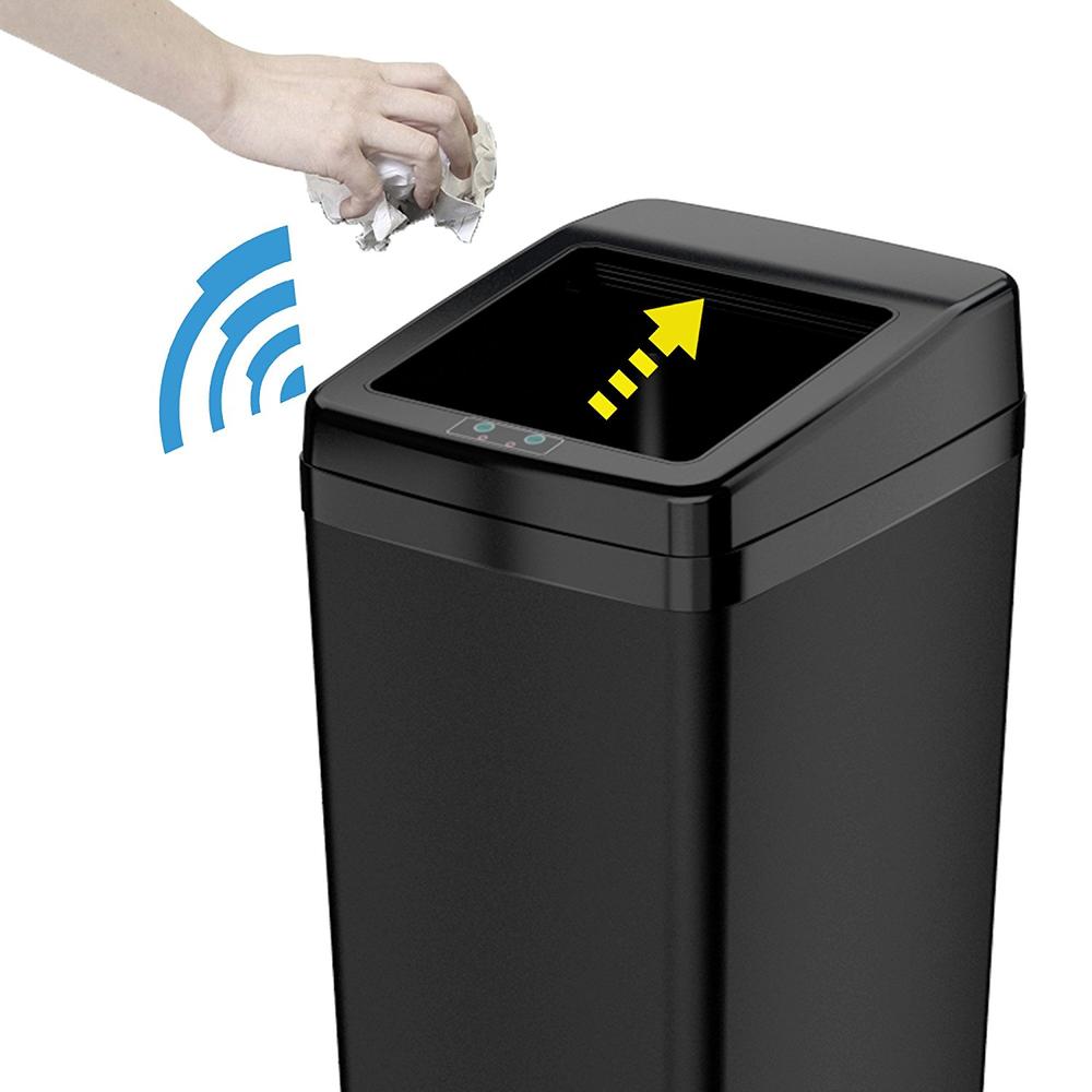 ITOUCHLESS  14 Gallon Black Steel Automatic Sensor Touchless Trash Can with Space Saving Lid