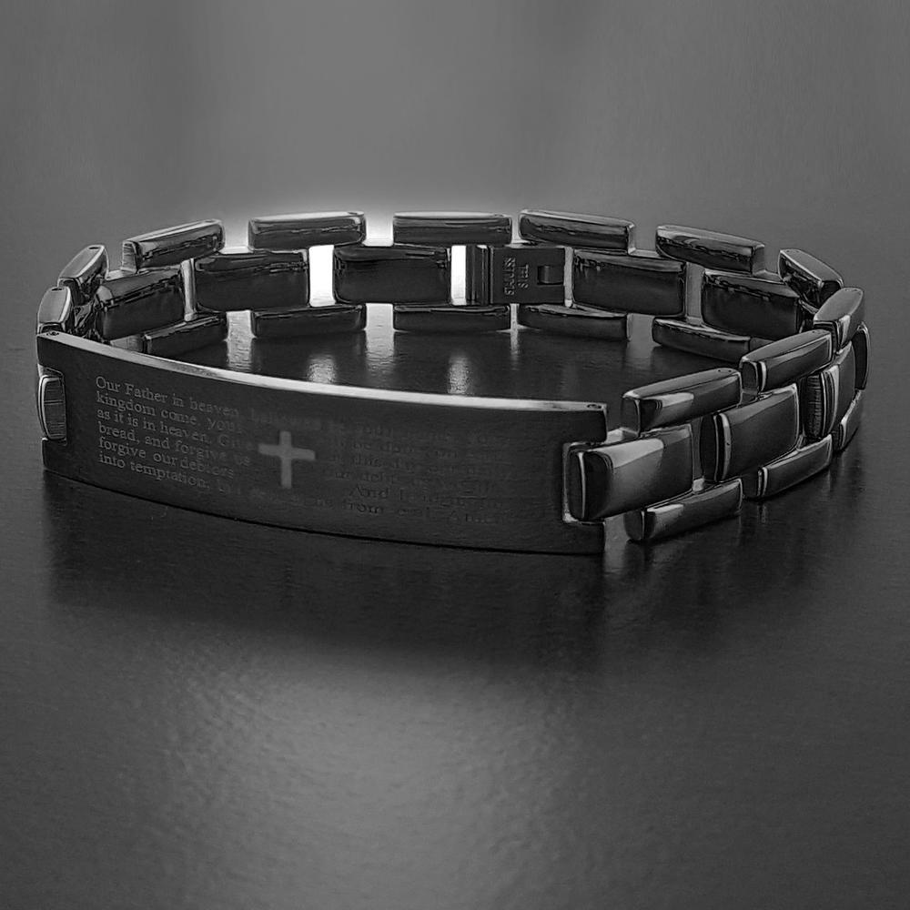 West Coast Jewelry Men's Black Plated Stainless Steel Polished Lord's Prayer ID Link Bracelet (12.5mm) - 8.5"