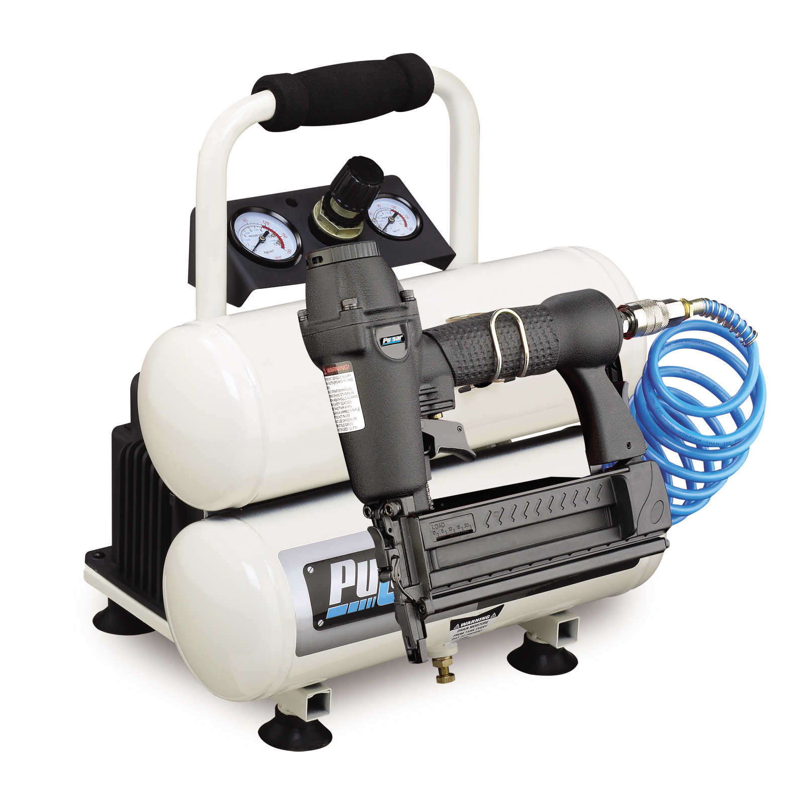 Pulsar 2 Gallon Twin-Tank Air Compressor with Nail Gun Pulsar 2 Gallon Twin-Tank Air Compressor with Nail Gun