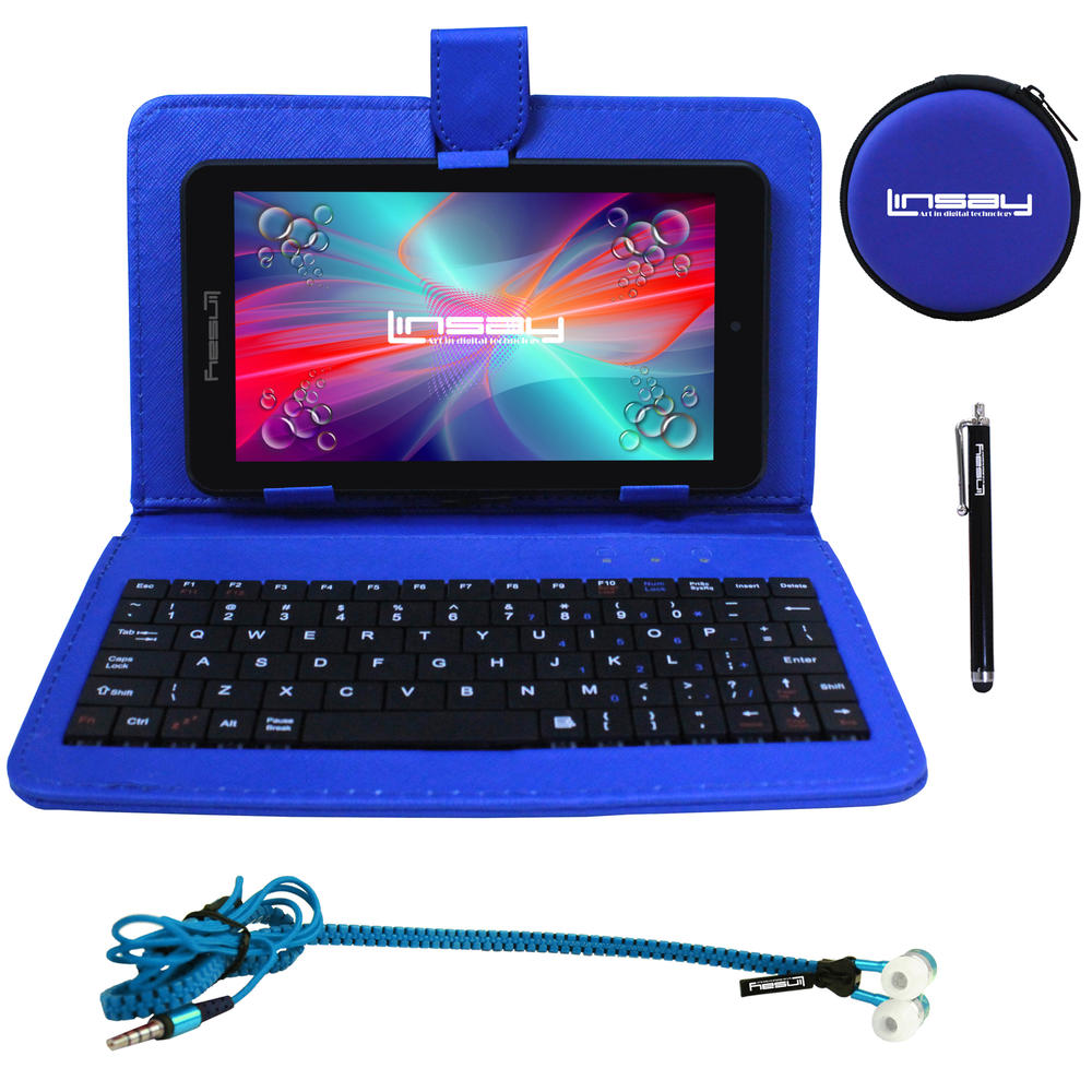 LINSAY &#174; 7" New Quad-Core 2GB RAM 16GB Android 9.0 Pie Tablet with Blue Keyboard Case, Earphones and Pen Stylus