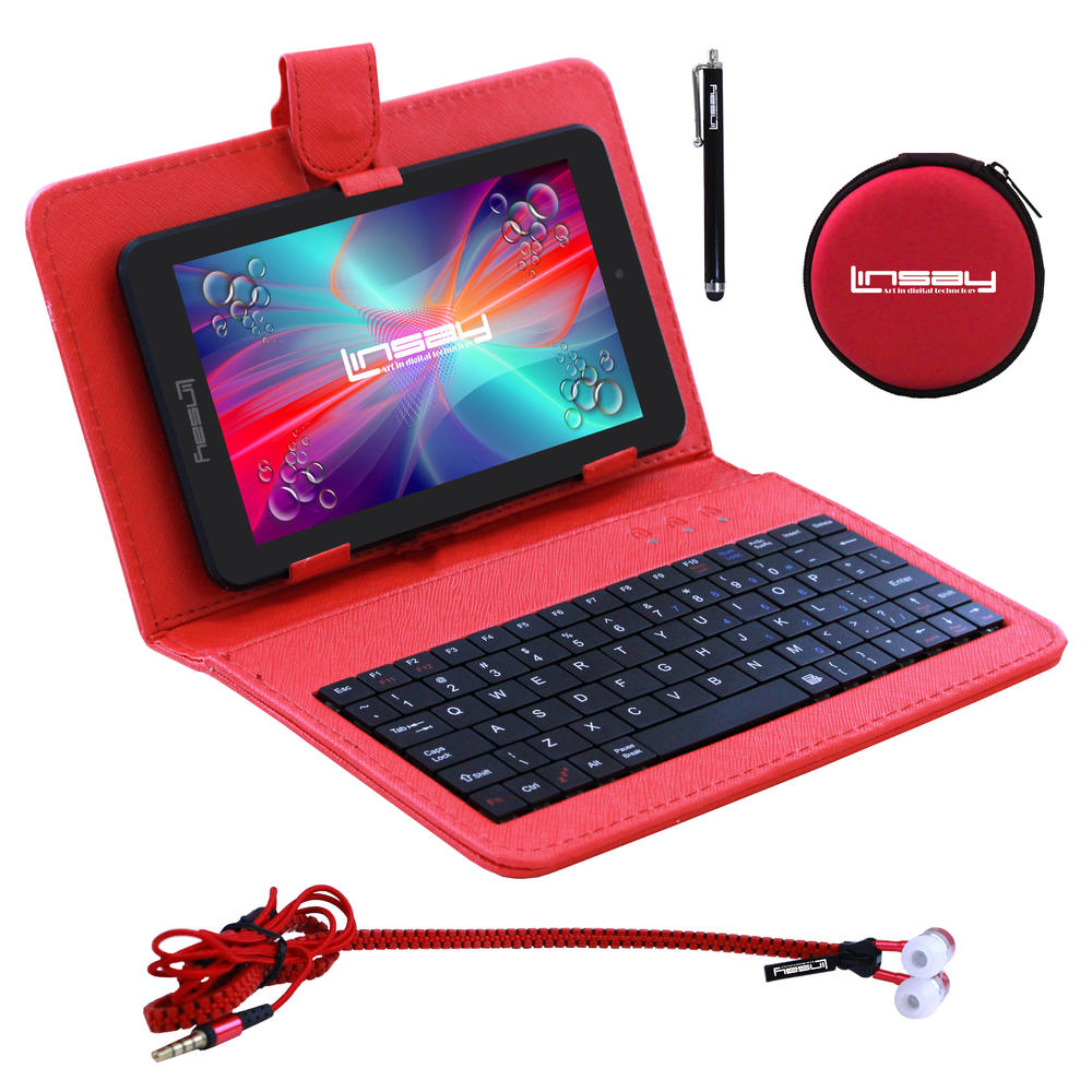 LINSAY ® 7" New QuadCore 2GB RAM 16GB Android 9.0 Pie Tablet with Red Keyboard Case, Earphones