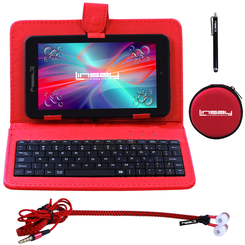 LINSAY ® 7" New Quad-Core 2GB RAM 16GB Android 9.0 Pie Tablet with Red Keyboard Case, Earphones and Pen Stylus