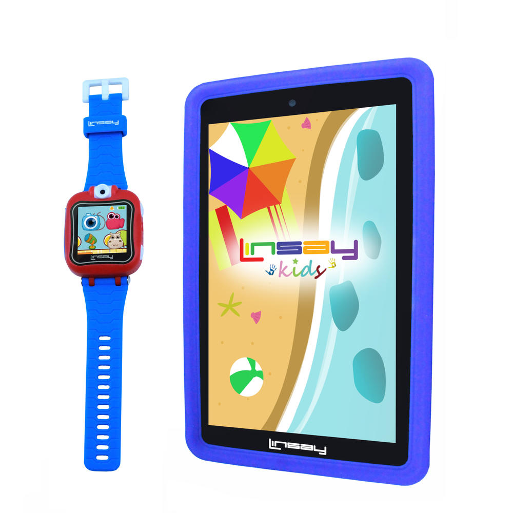 LINSAY &#174; 7" New Quad-Core 2GB RAM 16GB Android 9.0 Pie Tablet with Blue Kids Defender Case and Blue Kids Smart Watch