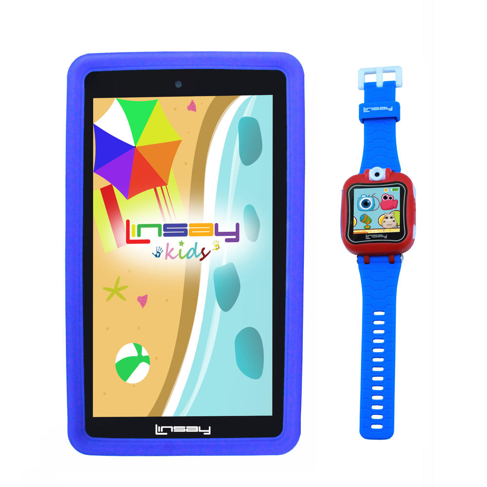 LINSAY ® 7" New Quad-Core 2GB RAM 16GB Android 9.0 Pie Tablet with Blue Kids Defender Case and Blue Kids Smart Watch