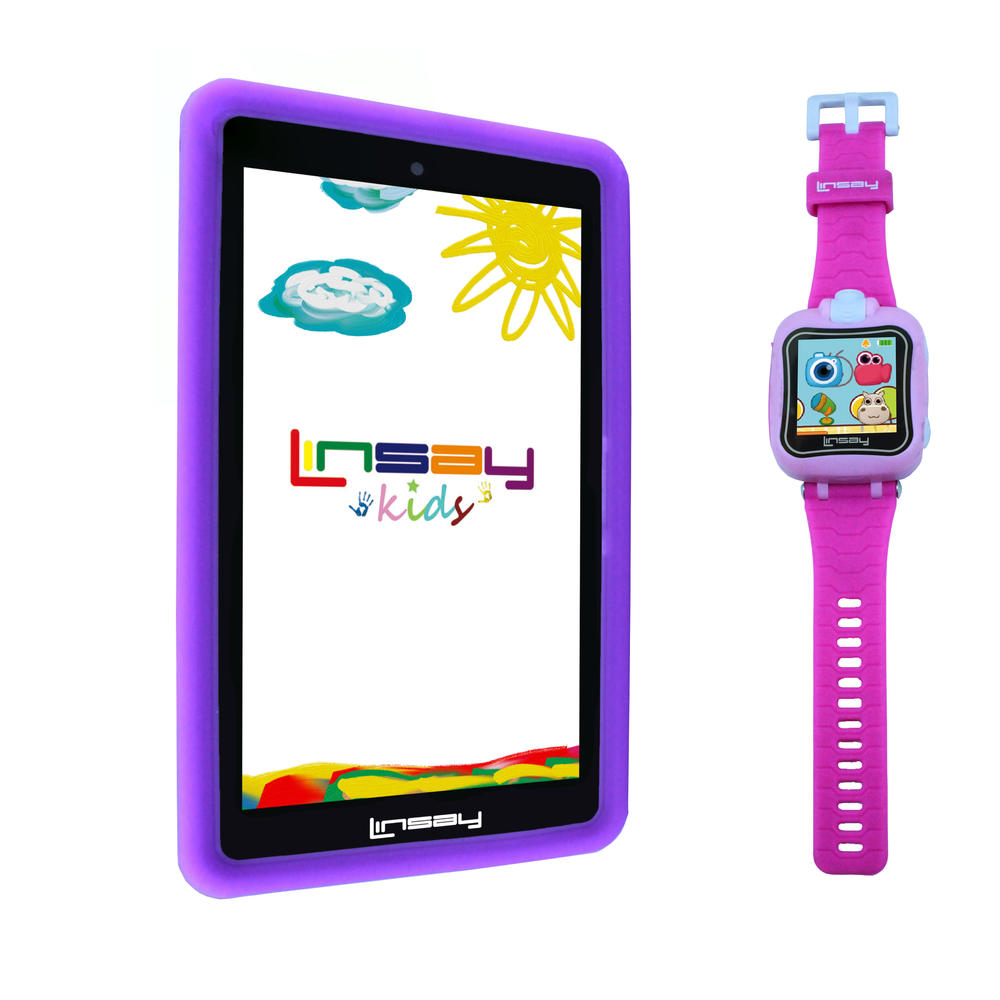 LINSAY &#174; 7" New Quad-Core 2GB RAM 16GB Android 9.0 Pie Tablet with Purple Kids Defender Case and Pink Kids Smart Watch