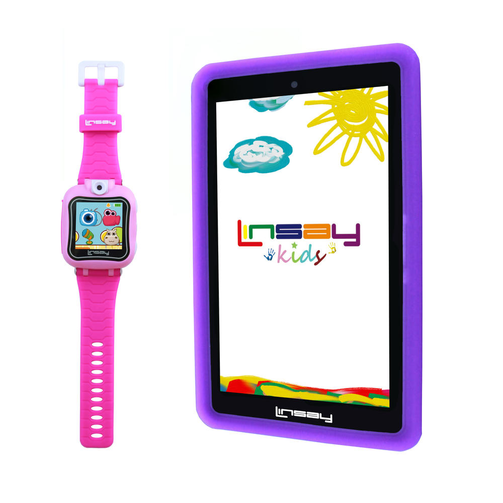 LINSAY &#174; 7" New Quad-Core 2GB RAM 16GB Android 9.0 Pie Tablet with Purple Kids Defender Case and Pink Kids Smart Watch