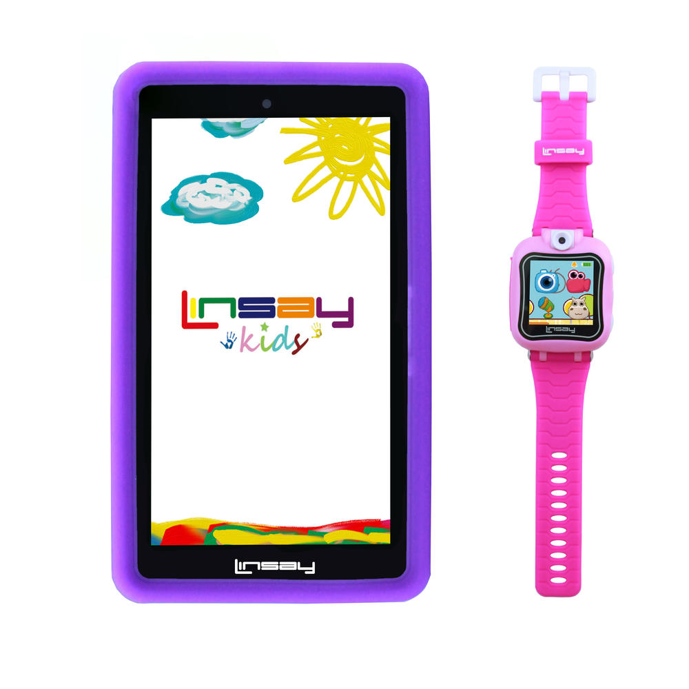 LINSAY ® 7" New Quad-Core 2GB RAM 16GB Android 9.0 Pie Tablet with Purple Kids Defender Case and Pink Kids Smart Watch