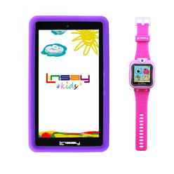 LINSAY 7" New Quad-Core 2GB RAM 32GB Android 12 Tablet with Purple Kids Defender Case and Pink Kids Smart Watch