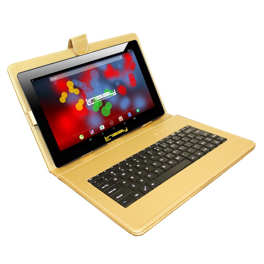 LINSAY &#174; 10.1" New 1280x800 IPS Screen Quad-Core 2GB RAM 16GB Android 9.0 Pie Tablet with Golden Keyboard Case