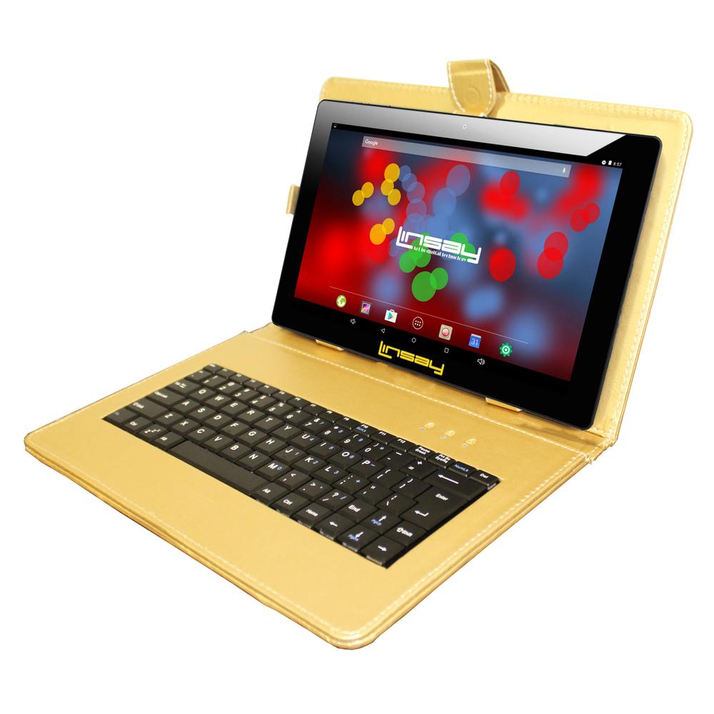 LINSAY &#174; 10.1" New 1280x800 IPS Screen Quad-Core 2GB RAM 16GB Android 9.0 Pie Tablet with Golden Keyboard Case