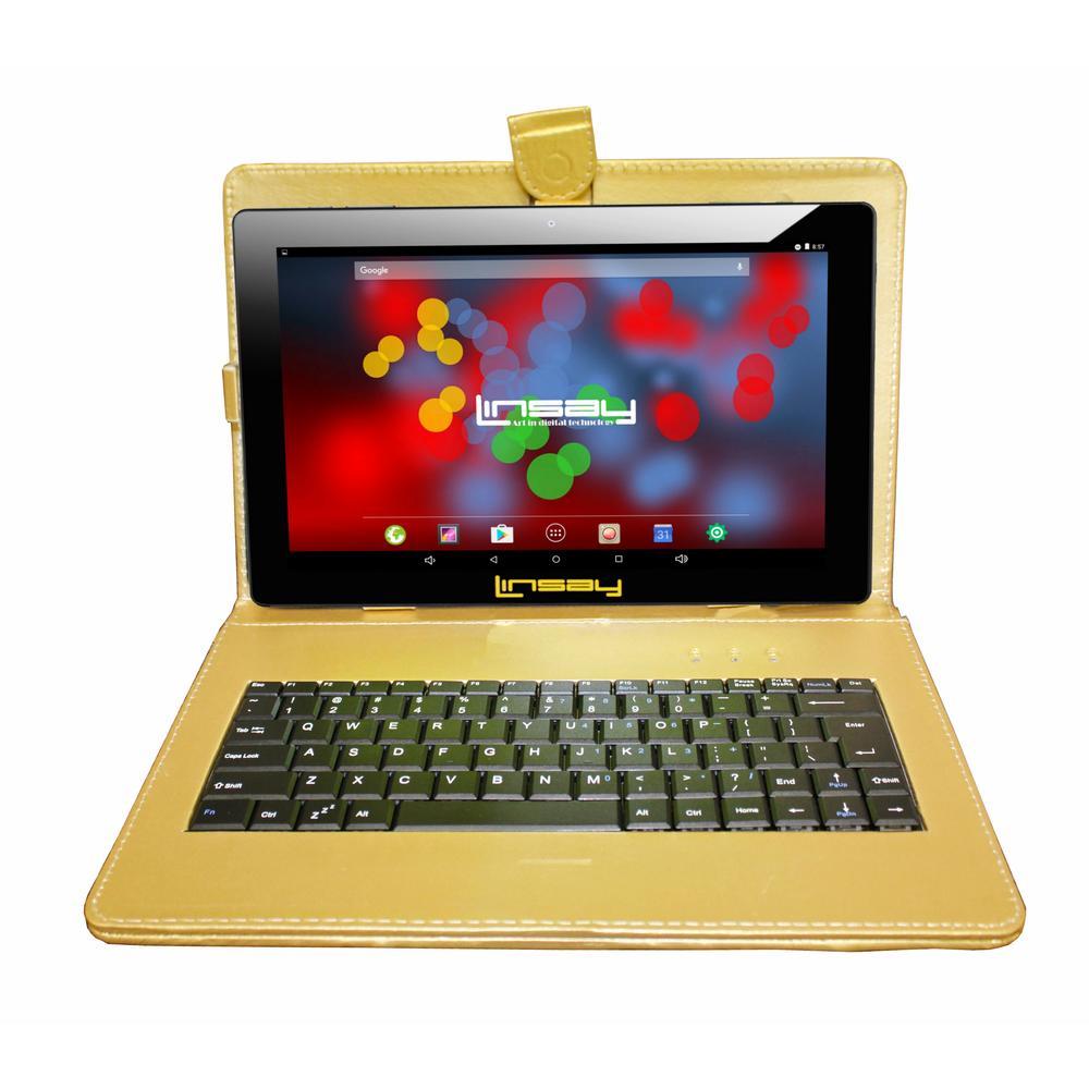 LINSAY ® 10.1" New 1280x800 IPS Screen Quad-Core 2GB RAM 16GB Android 9.0 Pie Tablet with Golden Keyboard Case