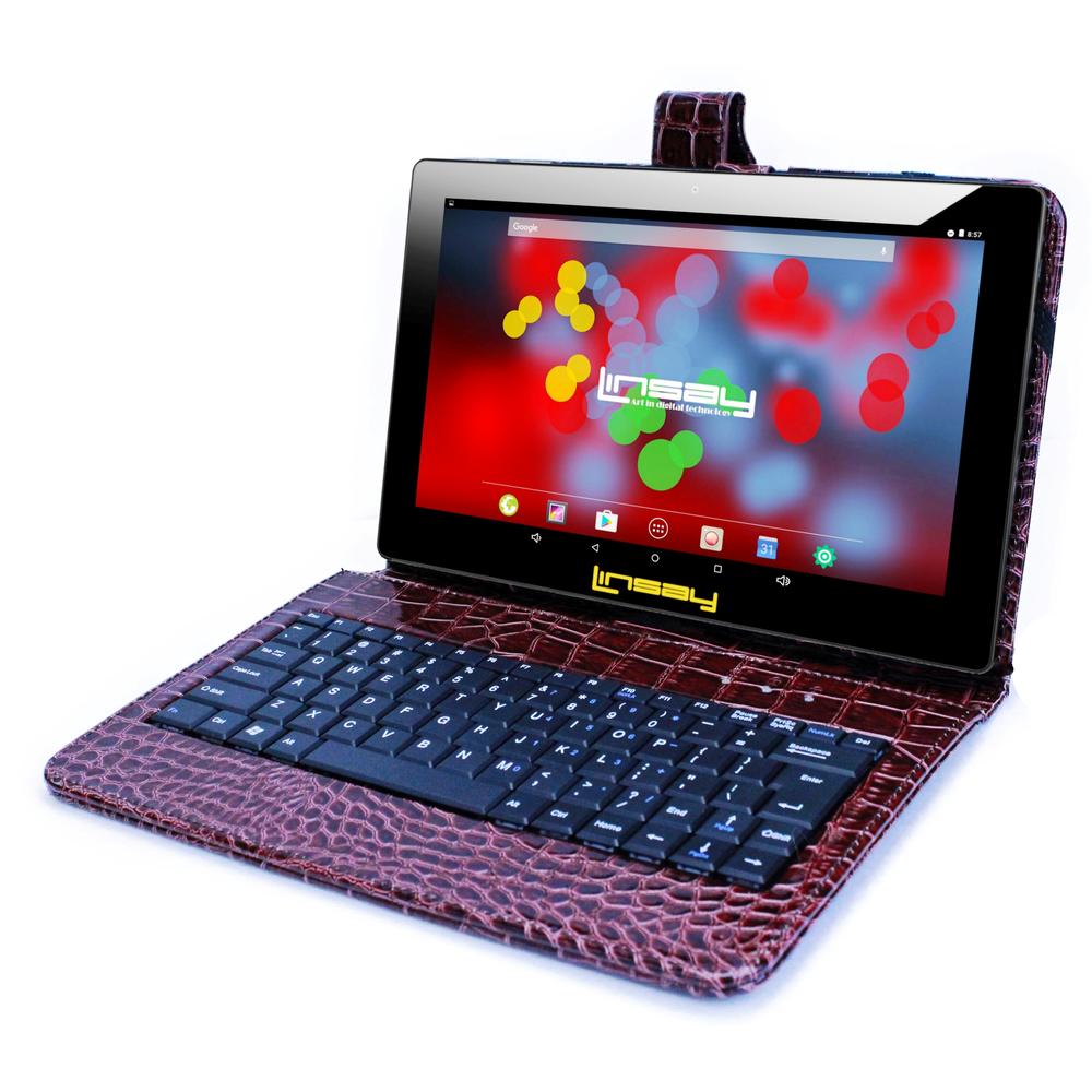 LINSAY &#174; 10.1" New 1280x800 IPS Screen Quad-Core 2GB RAM 16GB Android 9.0 Pie Tablet with Brown Crocodile Keyboard Case