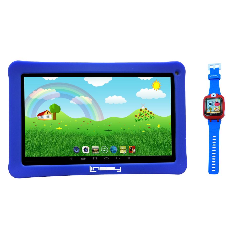 LINSAY ® 10" New Quad-Core 2GB RAM 16GB Android 9.0 Pie Tablet with Blue Kids Defender Case and Blue Kids Smart Watch