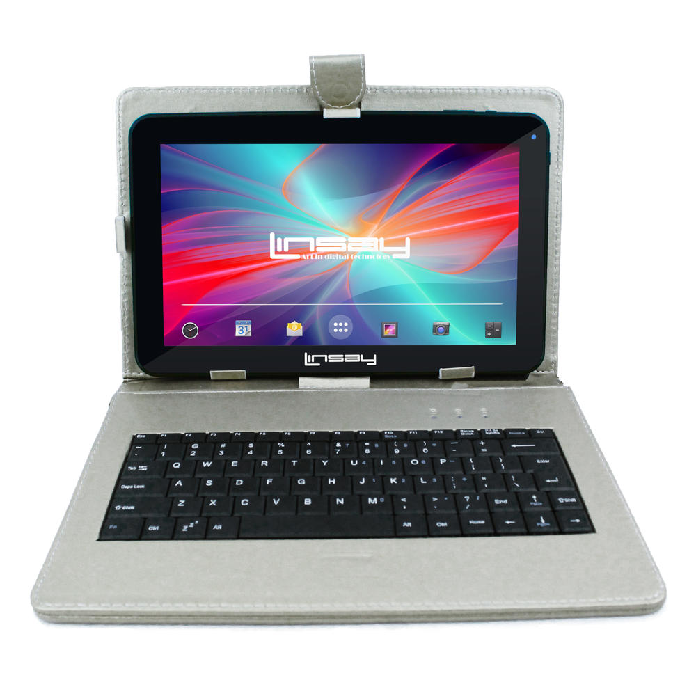 LINSAY &#174; 10.1" New Quad-Core 2GB RAM 16GB Android 9.0 Pie Tablet with Silver Keyboard Case
