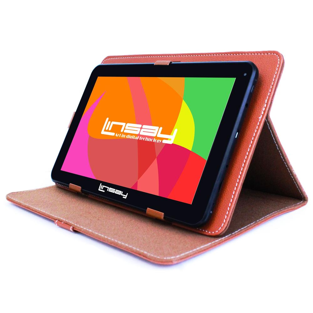 LINSAY &#174; 10.1" New Quad-Core 2GB RAM 16GB Android 9.0 Pie Tablet with Brown Standing Case