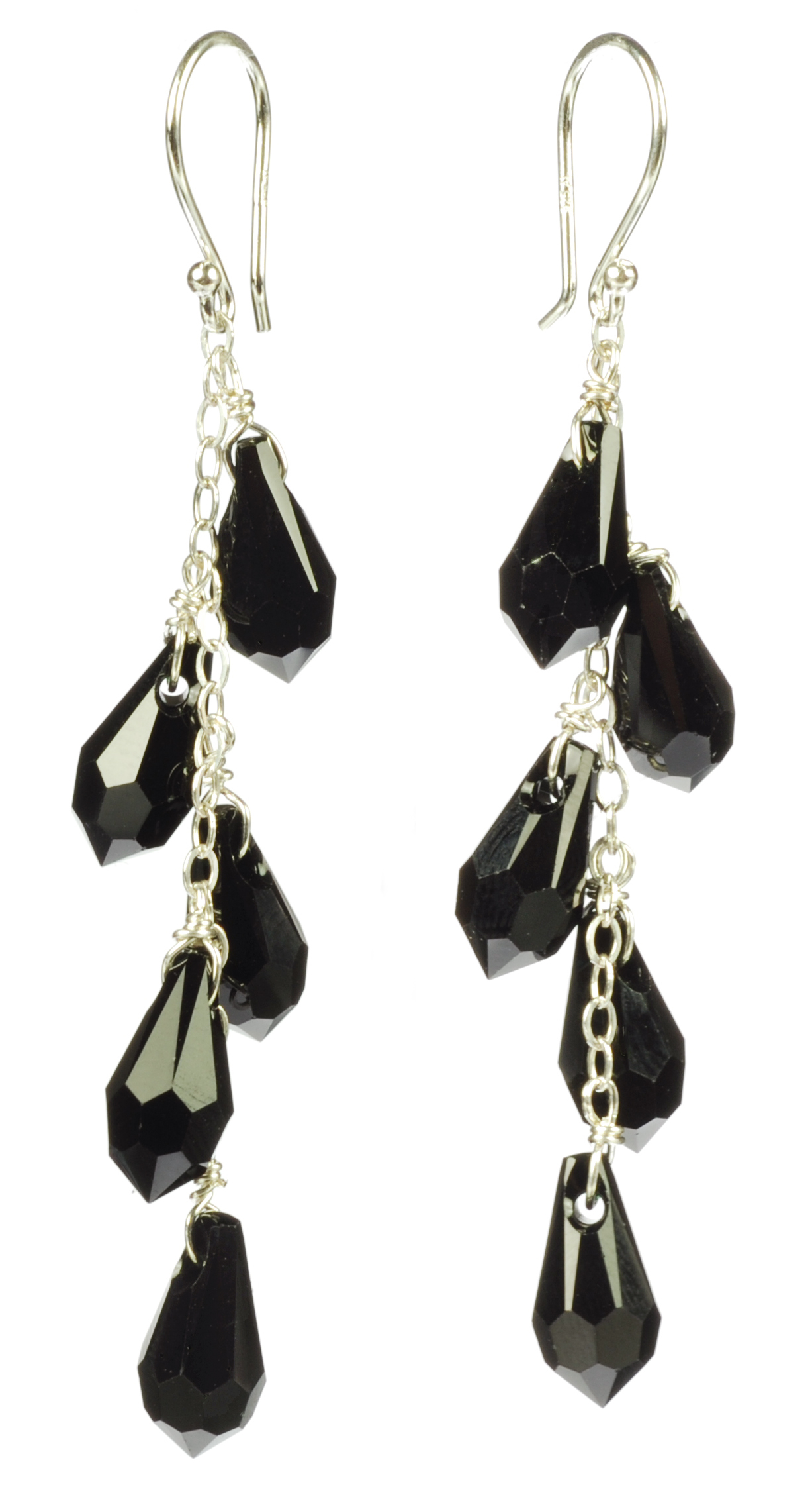 Sterling Silver Jet Color Faceted Multi-Teardrop Earrings Made with Swarovski Crystals