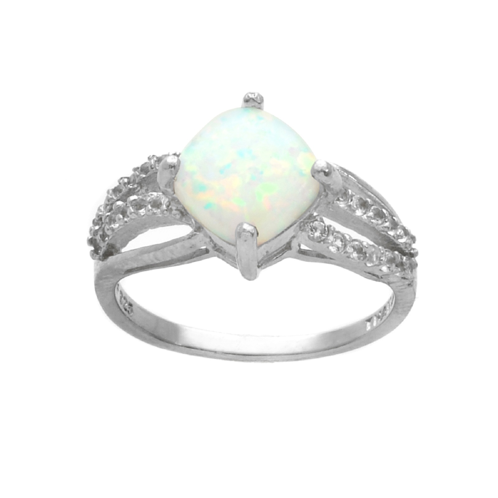 Sterling Silver Created Opal with White Topaz Side Stone Ring - Size 7 Only