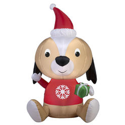 Trim A Home&reg; Gemmy Christmas Inflatable 5 Puppy with Santa Hat & Snowflake Sweater Holding Gift