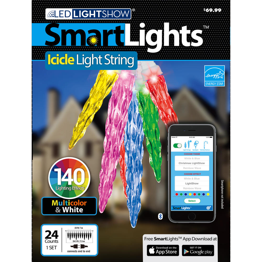LightShow Smartlights Set of 24 Icicle Light String with 140 programs