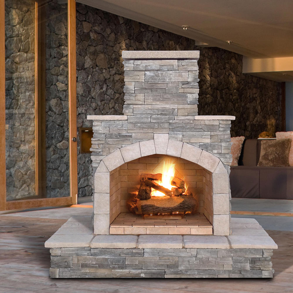Cal Flame 78 in. Gray Cultured Stone Propane Gas Outdoor Fireplace