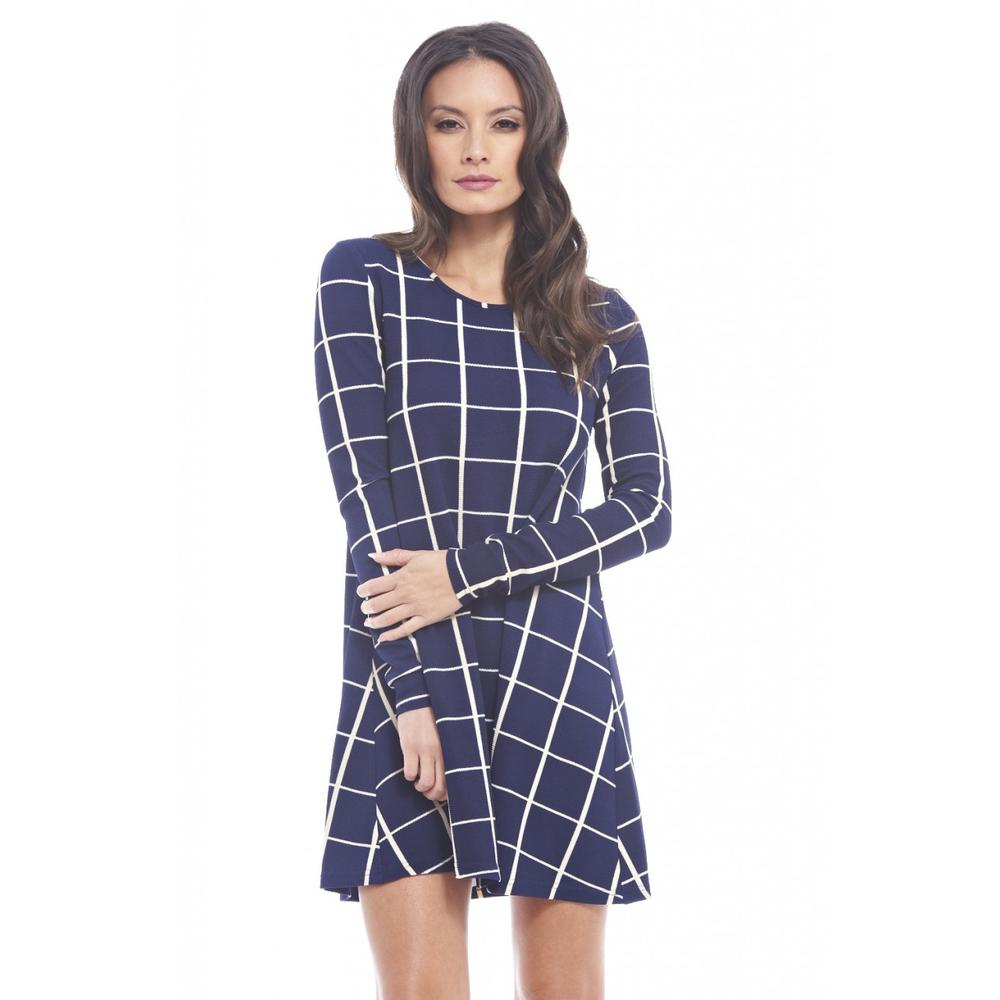 AX Paris Women's Long Sleeves Check Print Swing Blue Dress - Online Exclusive