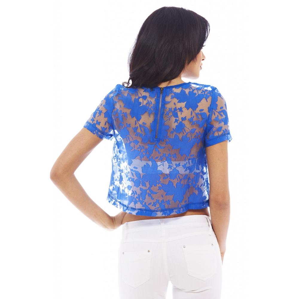 AX Paris Women's Sheer Lace  Cropped  Blue Top - Online Exclusive