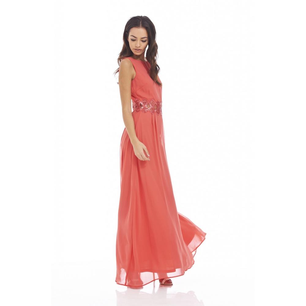 AX Paris Women's Embellished Waist Chiffon Coral Dress - Online Exclusive