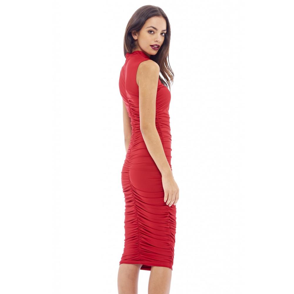AX Paris Women's High Neck Ruched Midi Red Dress - Online Exclusive