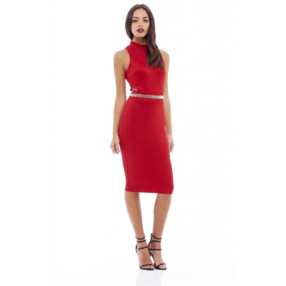 AX Paris Women's Embellished Waist Midi Red Dress Online Exclusive
