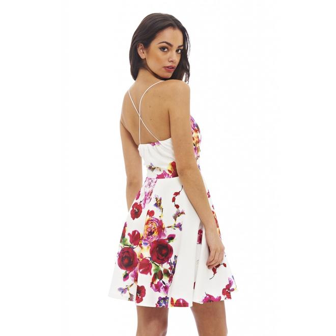 AX Paris Women's Floral Plunge Front Skater Cream Dress Online Exclusive