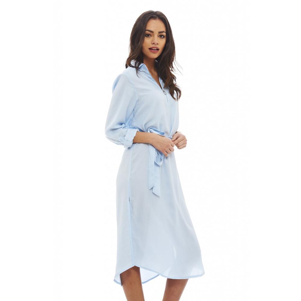 AX Paris Women's Long Sleeved Midi Shirt  Soft Blue Dress - Online Exclusive