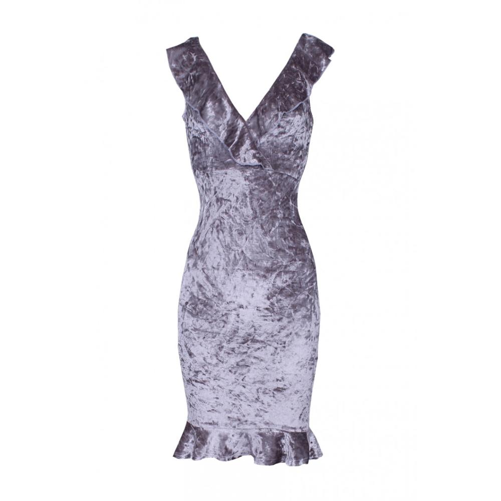 AX Paris Women's Grey Velvet Bodycon Dress With Frill Detail - Online Exclusive