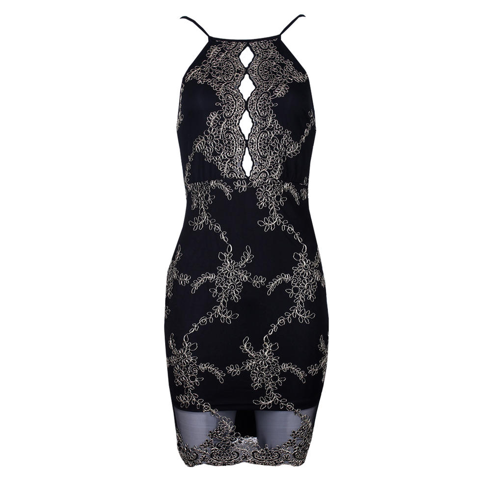 AX Paris Women's Black and Gold Embroidered High neck Bodycon Dress - Online Exclusive