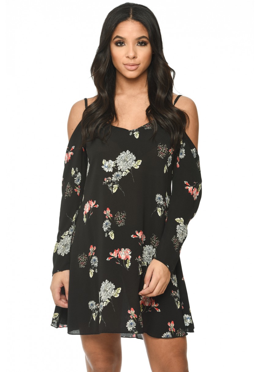 black floral cold shoulder dress
