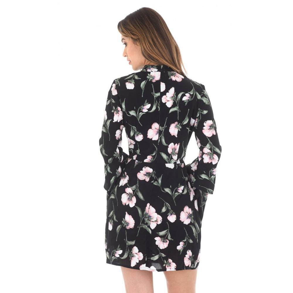AX Paris Women's Black Floral Mini With Long Frill Bell Sleeves - Online Exclusive