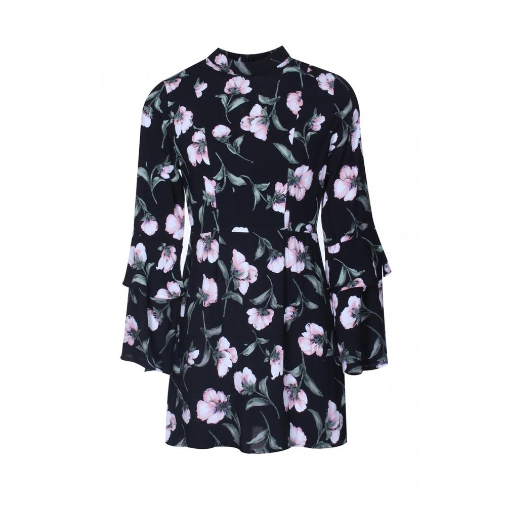 AX Paris Women's Black Floral Mini With Long Frill Bell Sleeves - Online Exclusive
