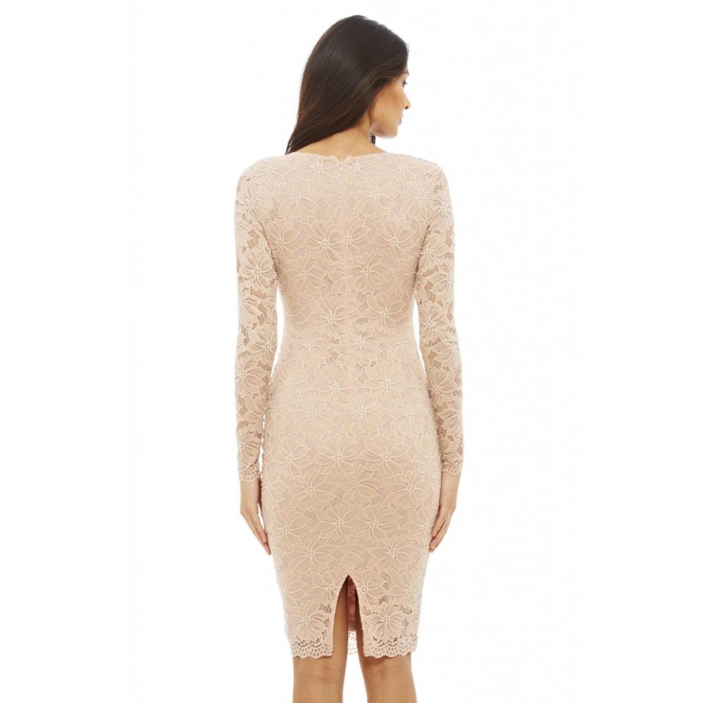 AX Paris Women's Long Sleeve Ruched Lace Nude Dress - Online Exclusive
