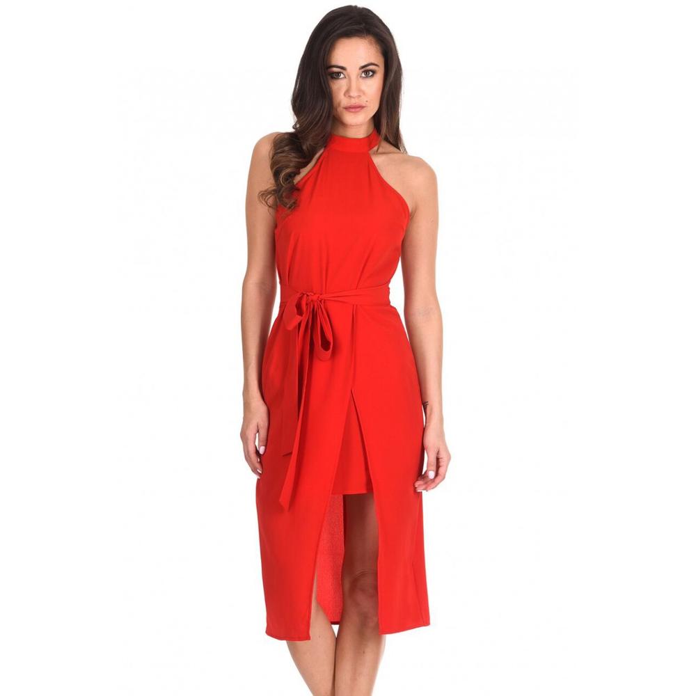 AX Paris Women's Red Wrap Skirt Cut In Neck Dress - Online Exclusive