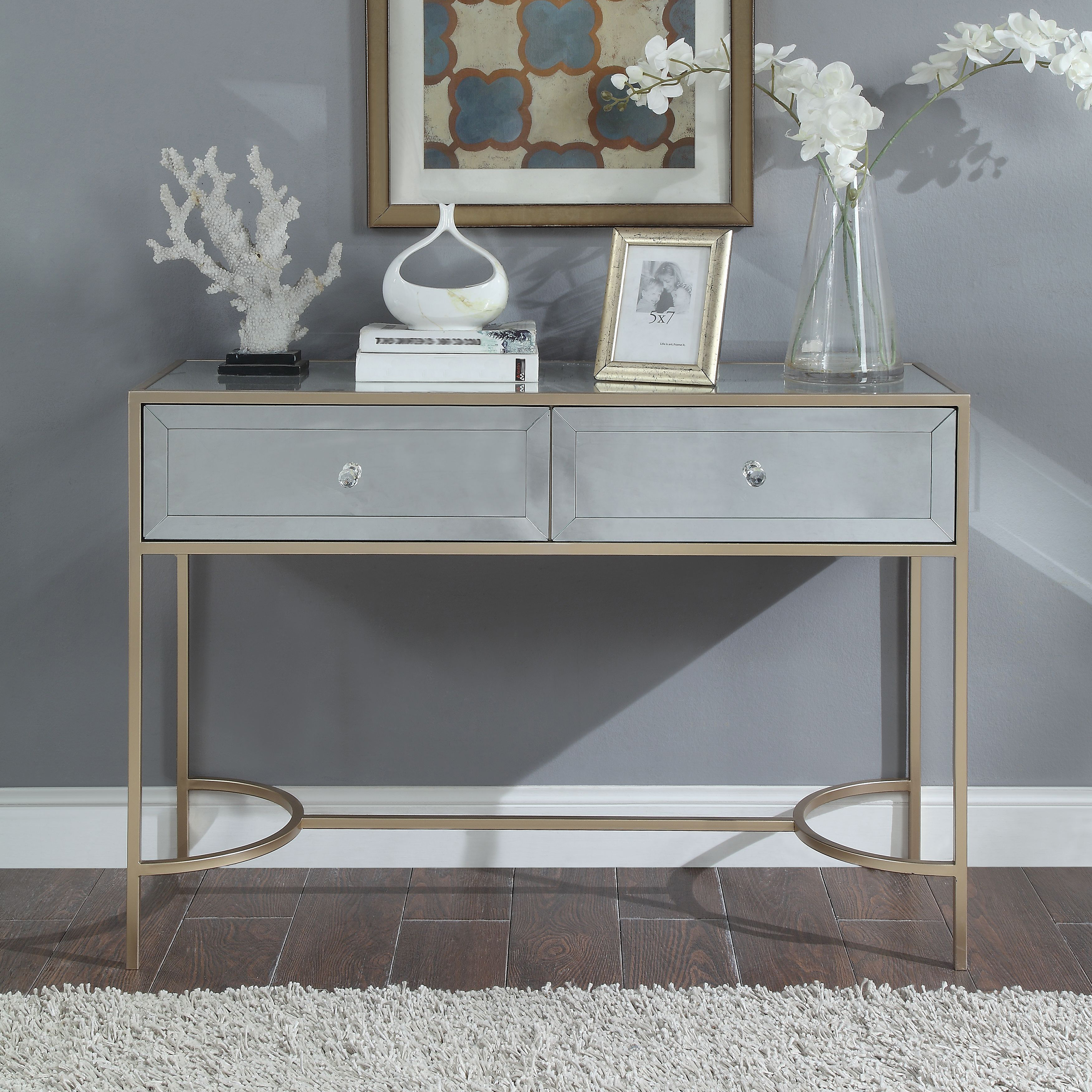 Venetian Worldwide Wisteria Sofa Table, Mirrored & Rose Gold, Silver Venetian Worldwide Wisteria Sofa Table, Mirrored & Rose Gold, Silver