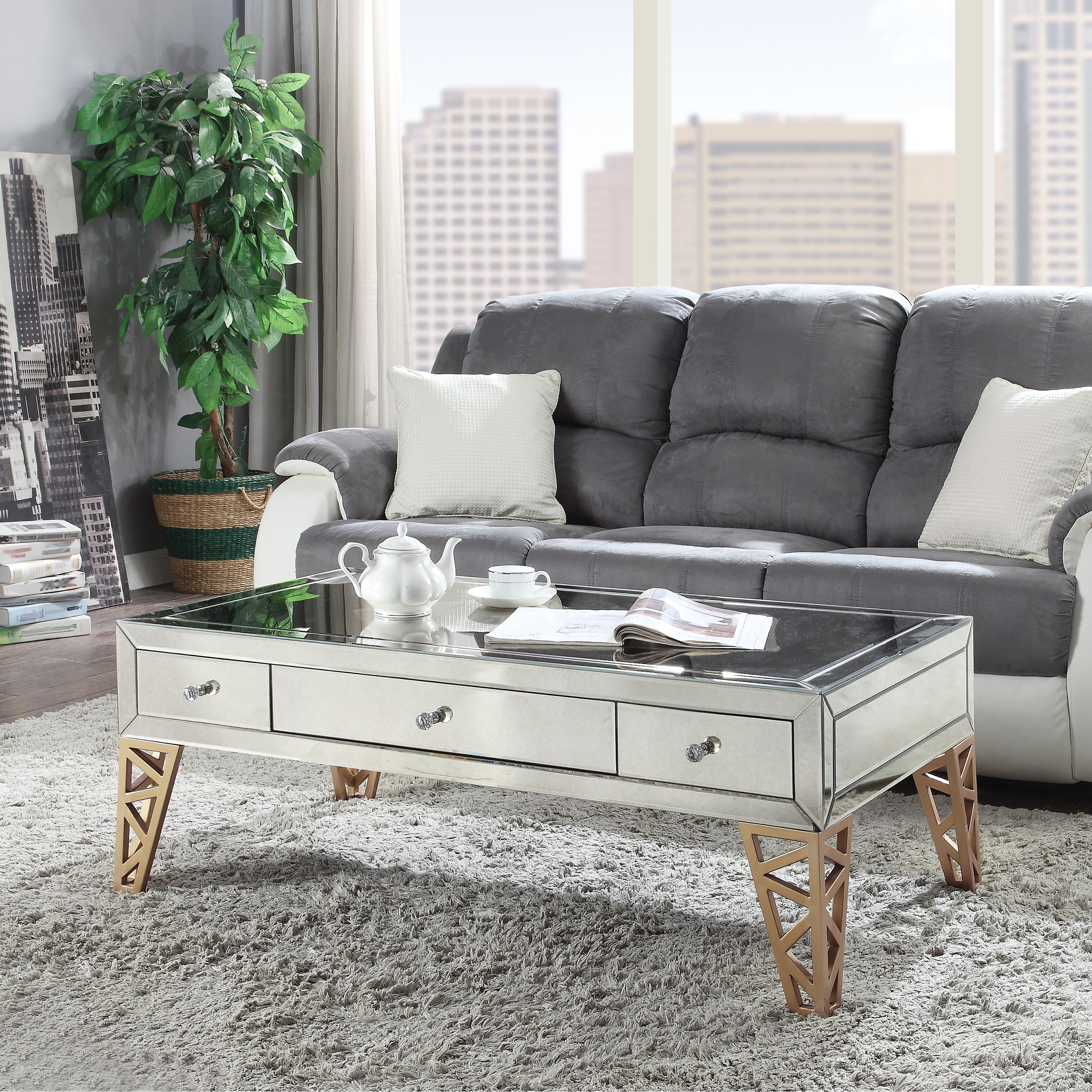 Venetian Worldwide Stephen Coffee Table, Mirrored & Gold, Silver Venetian Worldwide Stephen Coffee Table, Mirrored & Gold, Silver