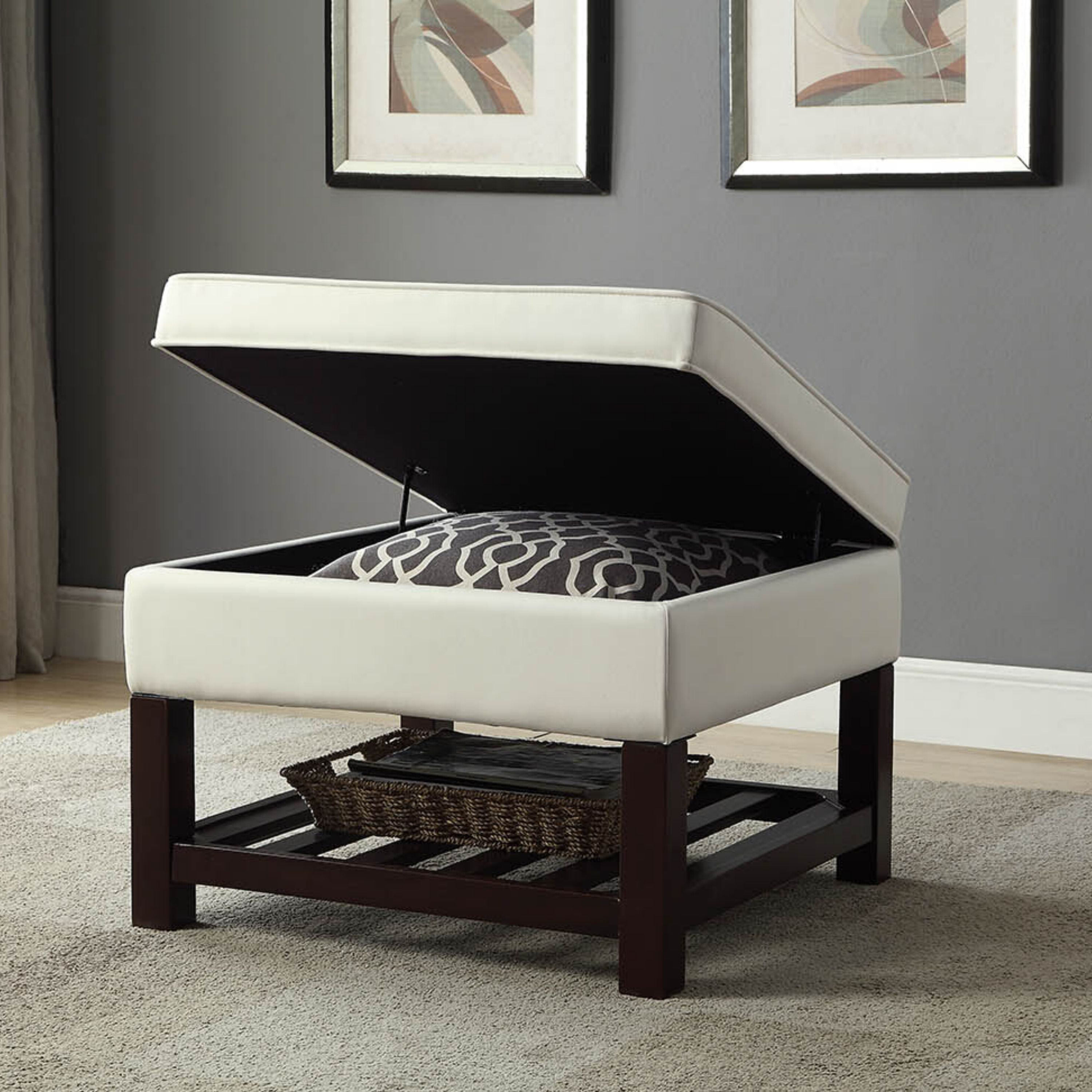 Venetian Worldwide Keiko Cocktail Table with Storage, Cream PU & Espresso, White Venetian Worldwide Keiko Cocktail Table with Storage, Cream PU & Espresso, White