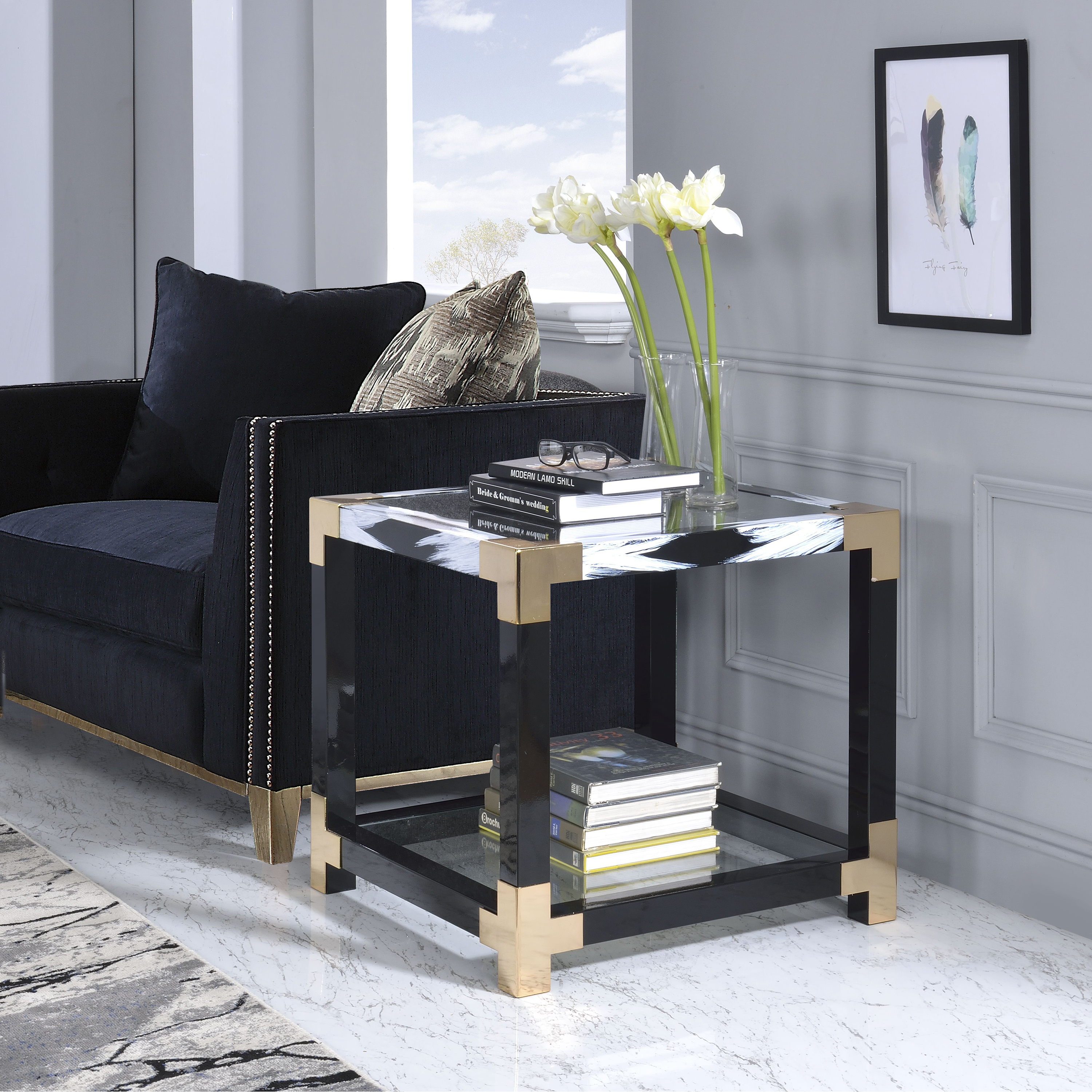 Venetian Worldwide Lafty End Table, White Brushed & Clear Glass Venetian Worldwide Lafty End Table, White Brushed & Clear Glass