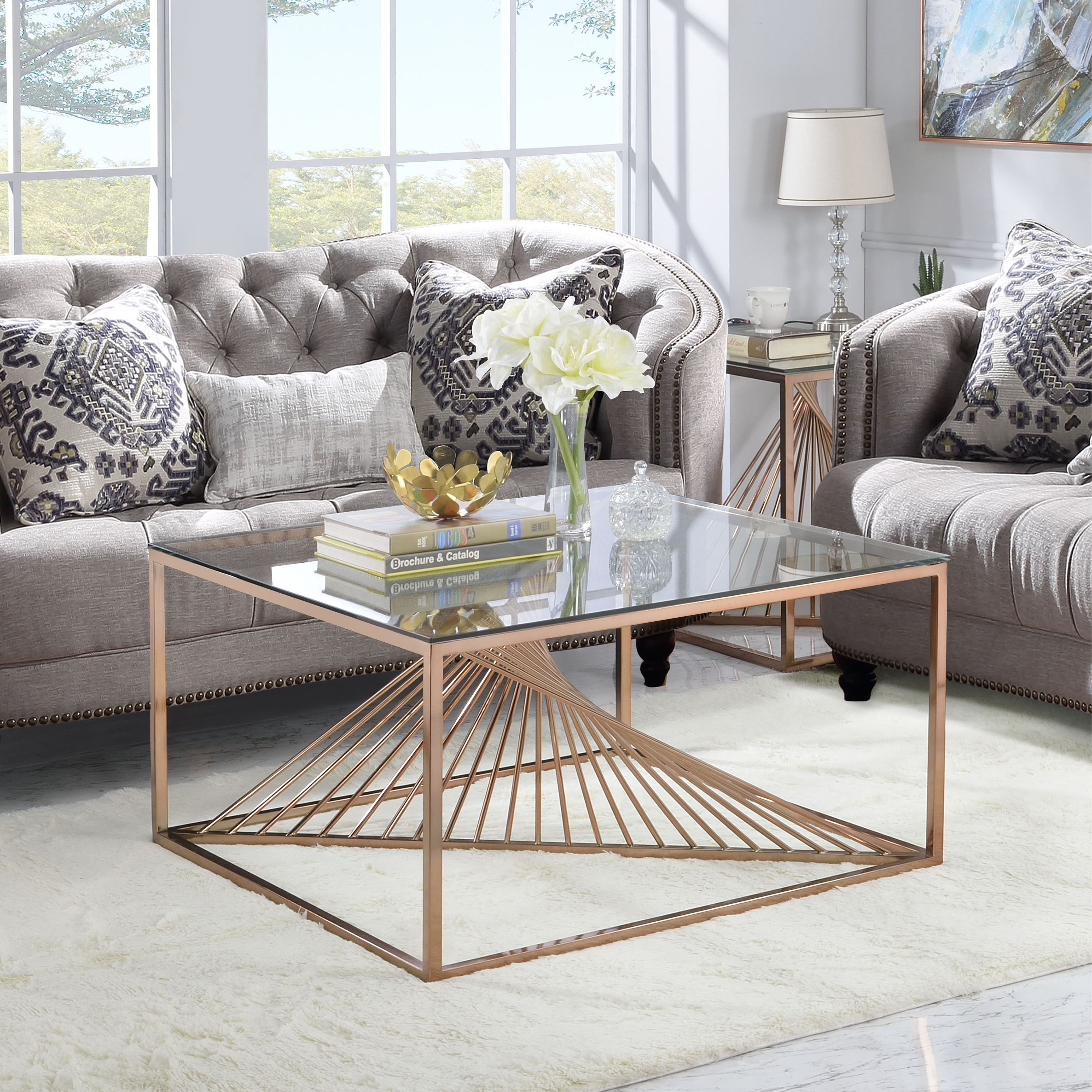 Venetian Worldwide Tralen Coffee Table, Brushed Copper & Clear Glass, Brown Venetian Worldwide Tralen Coffee Table, Brushed Copper & Clear Glass, Brown
