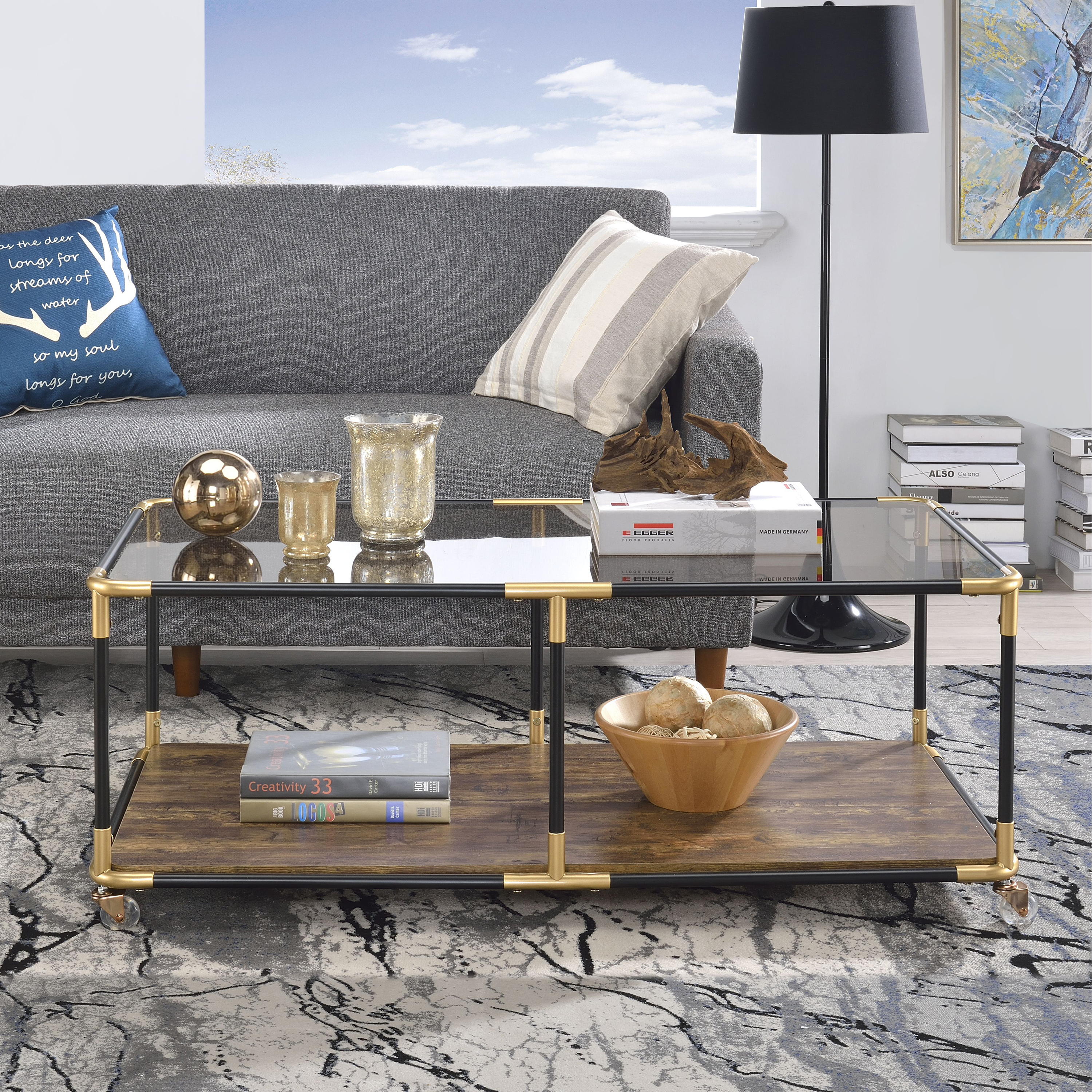 Venetian Worldwide Heleris Coffee Table, Black/Gold & Smoky Glass Venetian Worldwide Heleris Coffee Table, Black/Gold & Smoky Glass