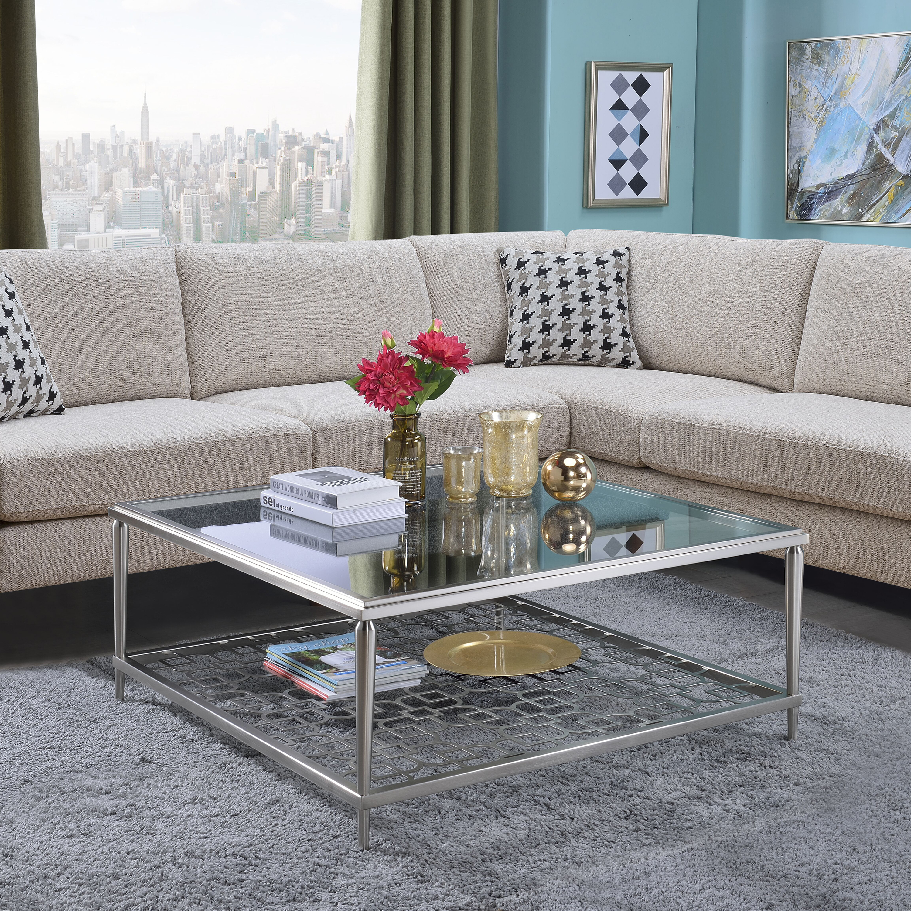 Venetian Worldwide Naiya Coffee Table, Nickel & Clear Glass, Silver Venetian Worldwide Naiya Coffee Table, Nickel & Clear Glass, Silver