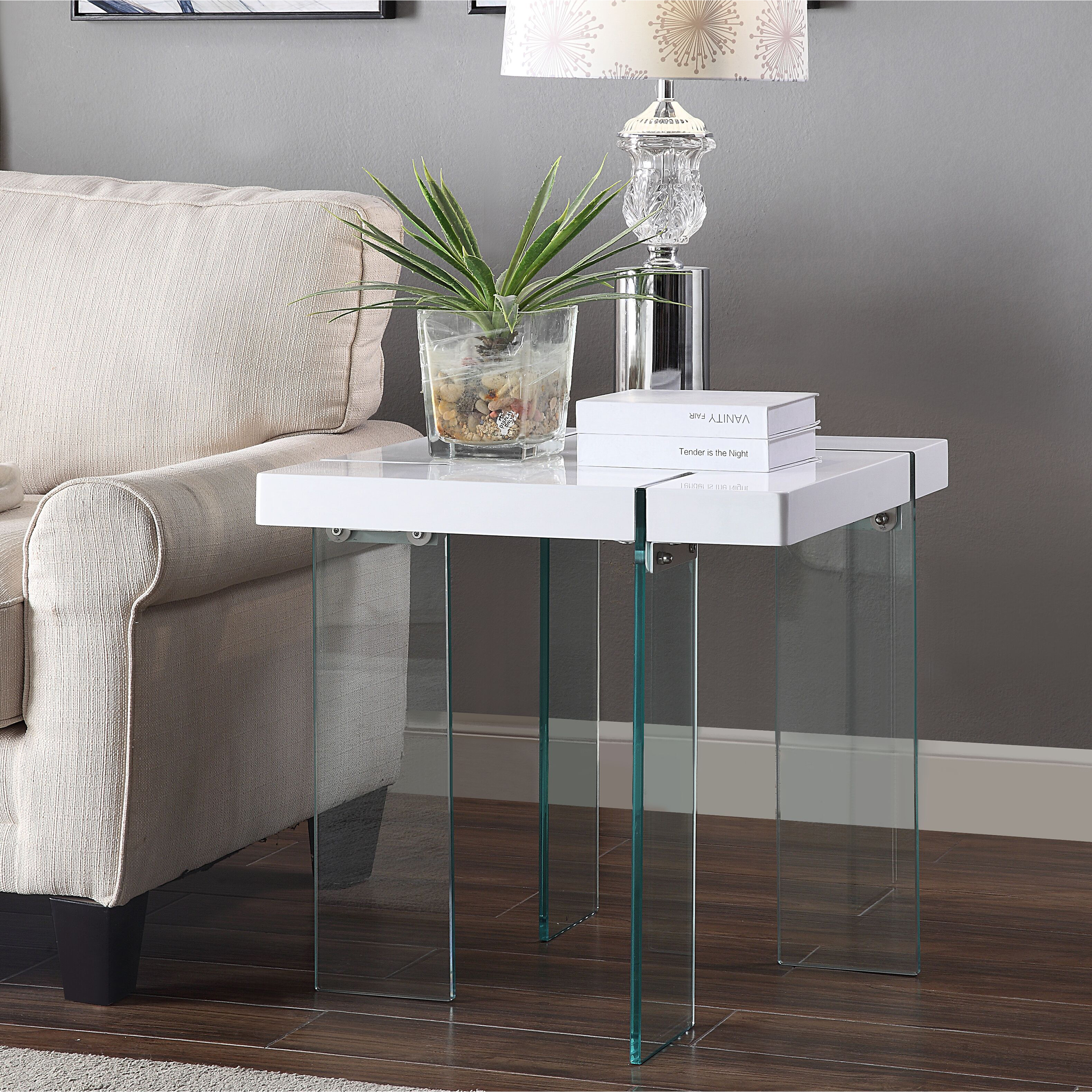 Venetian Worldwide Noland - End Table, White High Gloss & Clear Glass Venetian Worldwide Noland - End Table, White High Gloss & Clear Glass