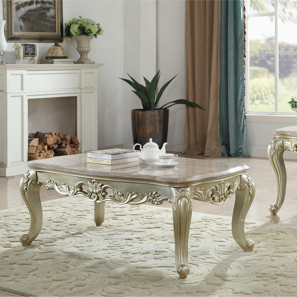 Venetian Worldwide Gorsedd Coffee Table with Marble Top, Marble & Antique White