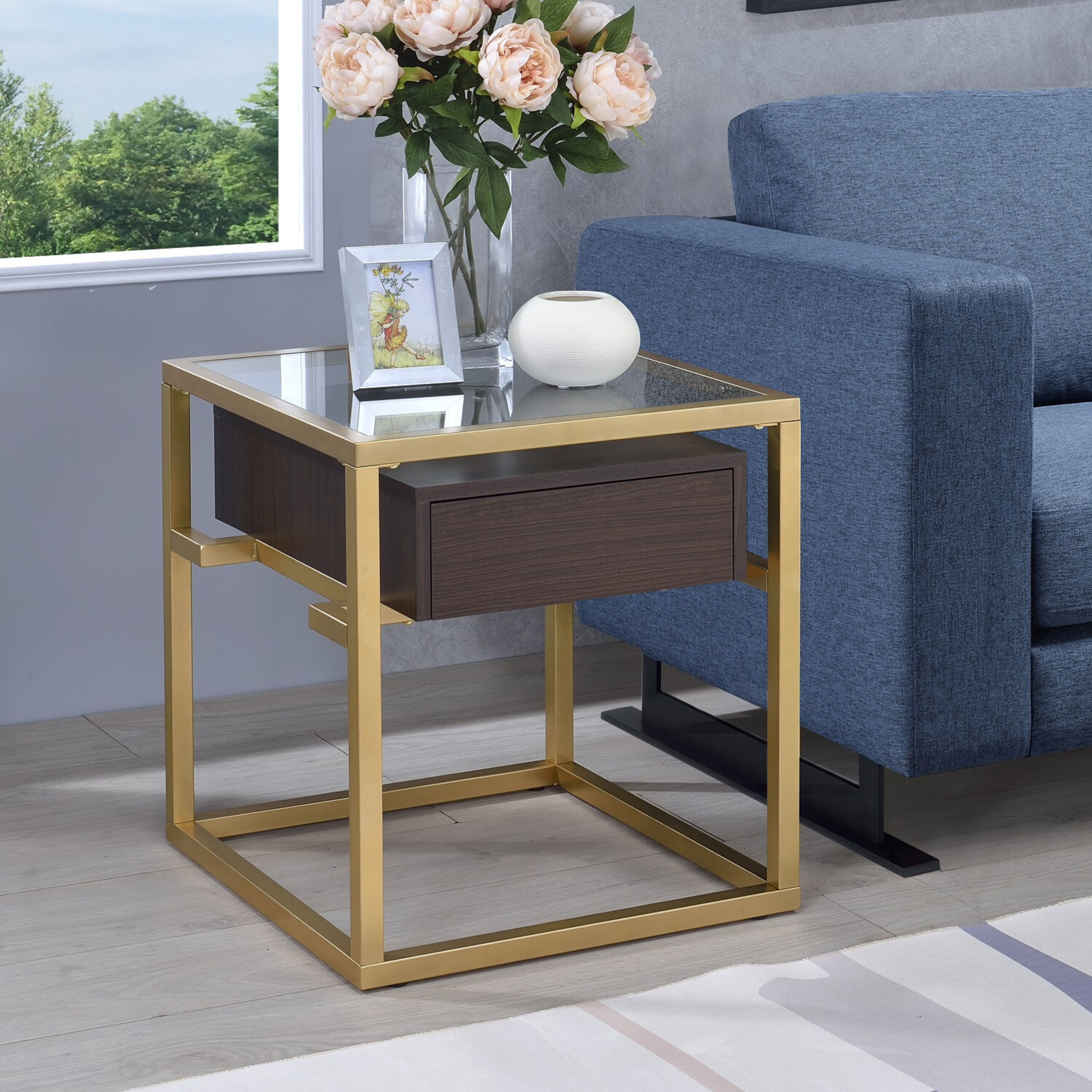 Venetian Worldwide Yumia End Table, Gold & Clear Glass, Yellow Venetian Worldwide Yumia End Table, Gold & Clear Glass, Yellow
