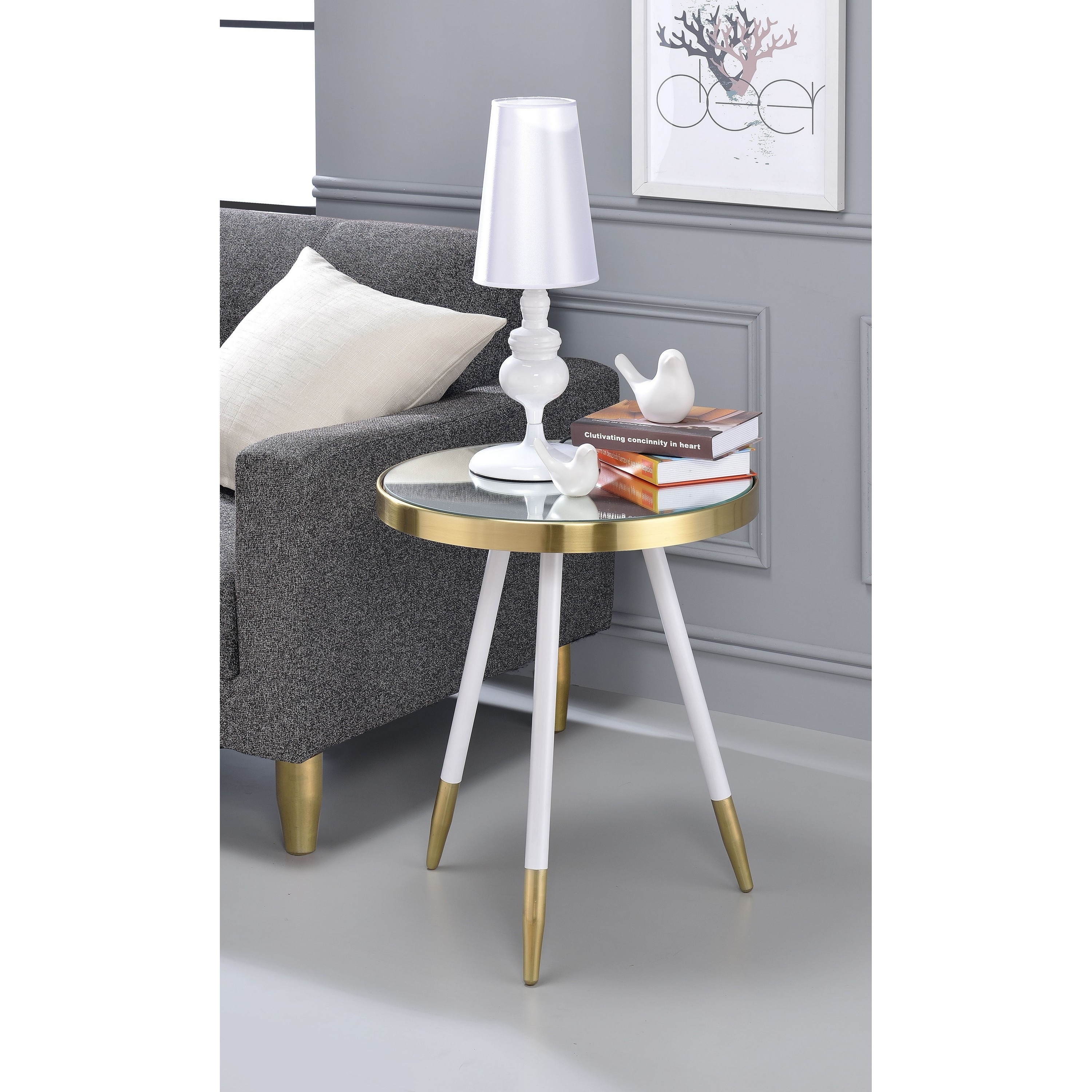Venetian Worldwide Mazon End Table, Antique Brass/White & Smoky Mirror, Silver Venetian Worldwide Mazon End Table, Antique Brass/White & Smoky Mirror, Silver