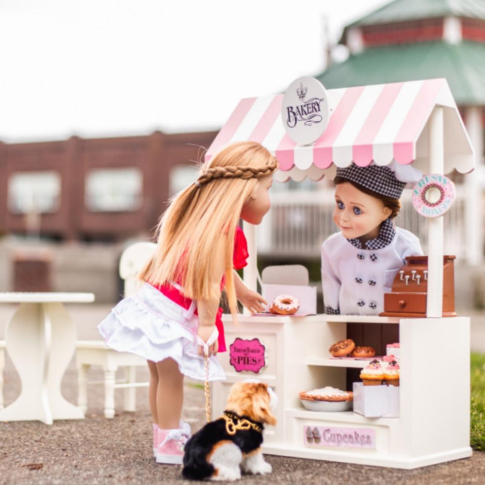 The Queen's Treasures 18" Doll Counter & Caf&#233; Set with Bakery, Shoe, Pizza, Tea Room and Farm Stands Interchangable Signs!